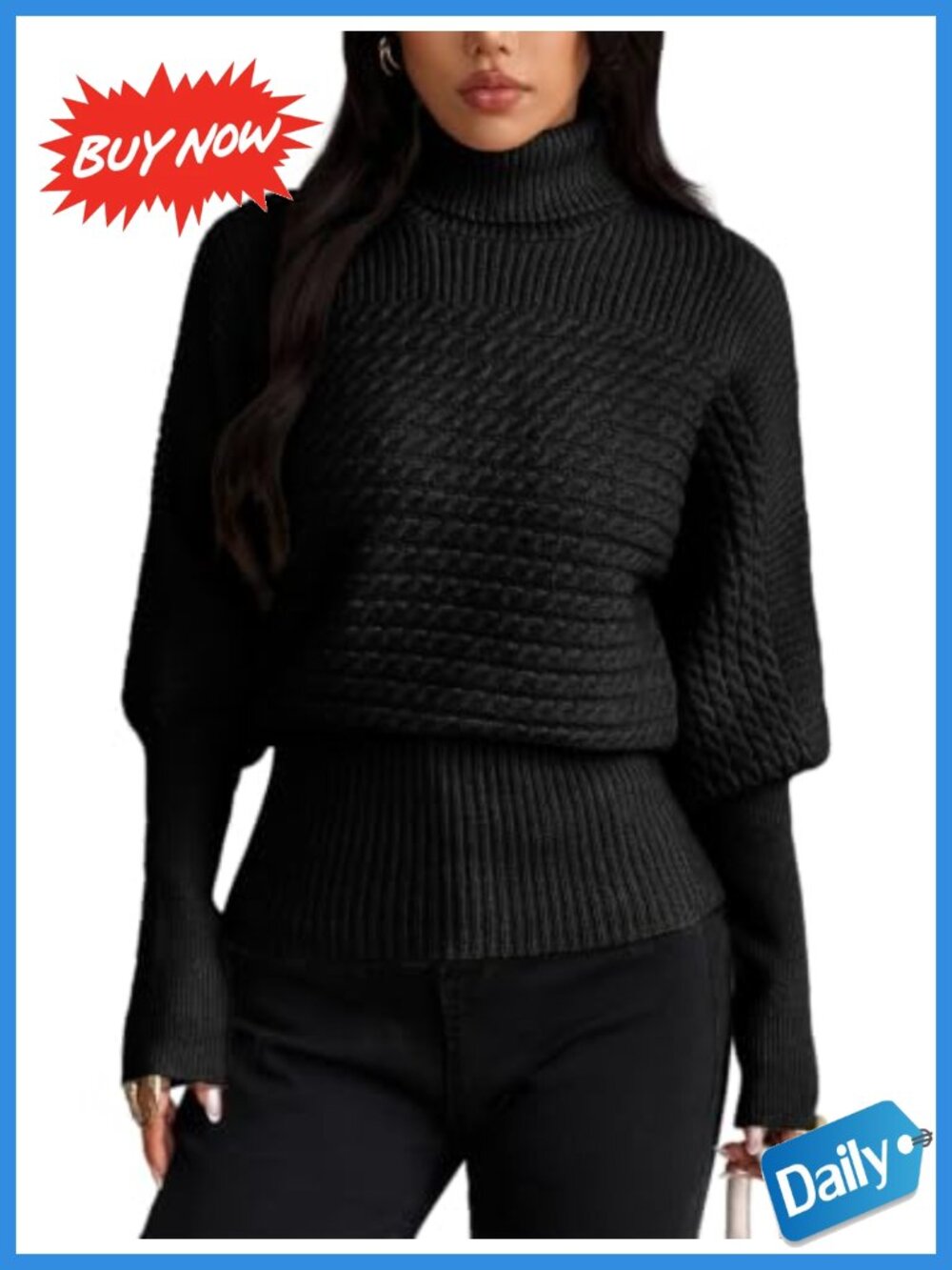 Turtleneck Cable Knit Sweater Balloon Sleeve Pullover
